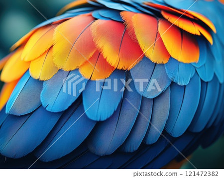 Vibrant parrot feathers in multicolor patterns with close texture detail 121472382