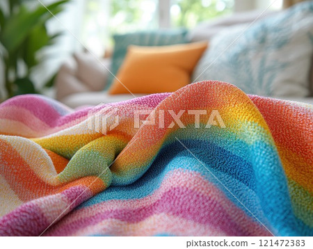 Colorful woven fabric with vibrant stripes in textured pattern 121472383