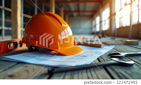a construction site with an orange hard hat helmet and tools on a floor 121472491