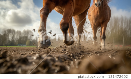 Horses' hooves kicking up mud while galloping. 121472602