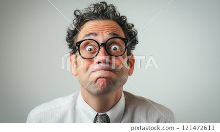 Man with glasses making a comical grimace. 121472611