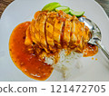Crispy pork rice, Chinese crispy pork with rice and sauce. 121472705