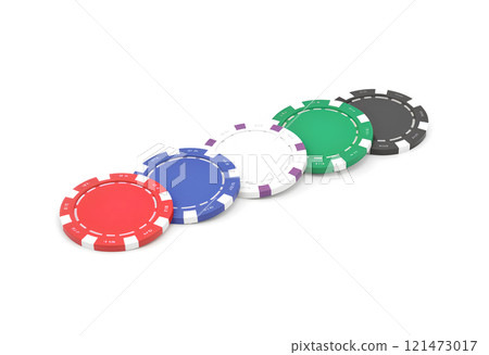 Blank colored plastic round chip mockup lying row, side view. Blank colored plastic round chip mockup lying row, side view. 121473017