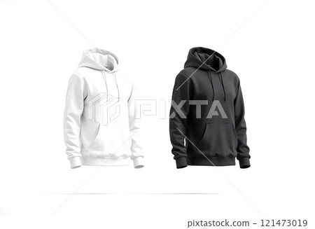 Blank black and white sport hoodie mockup set, side view. Blank black and white sport hoodie mockup set, side view. 121473019