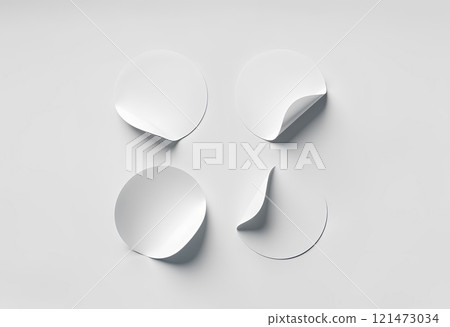 Blank white transparent round adhesive stickers mockup with curved corner, 3d rendering. Empty translucent circle sticky label mock up with curl. Clear adherent tag template for glass. Blank white transparent round adhesive stickers mockup with curved corner, 3d rendering. Empty translucent circle sticky label mock up with curl. Clear adherent tag template for glass. 121473034