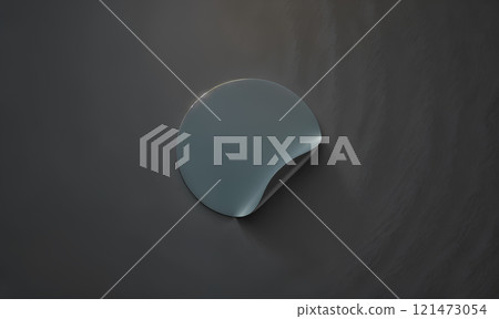 Blank black round adhesive sticker mockup on textured wall, 3d rendering. Empty sticky round with curved corners mock up. Blank circle adherent label with curl sticked on dark surface. 121473054