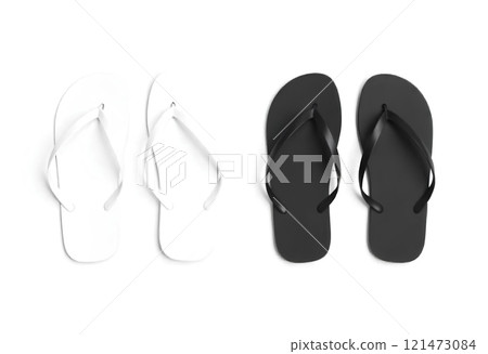 Blank black and white beach slippers mockup, top view 121473084