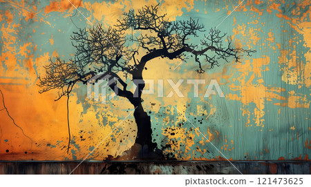 Lone tree silhouette on a vibrant orange wall. 121473625
