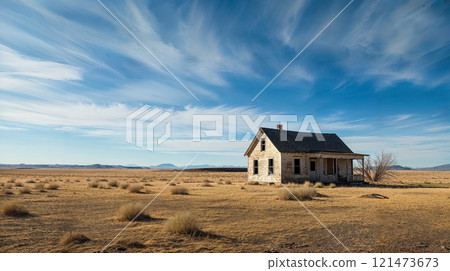 Abandoned farmhouse under a vast blue sky with clouds. 121473673