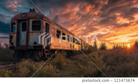 Derelict train carriage on tracks at sunset. 121473674
