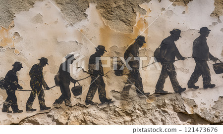 Street art of workers marching on a peeling wall. 121473676