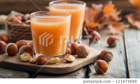 Glasses of hazelnut milk with nuts and autumn leaves. 121473689