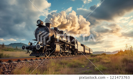 Vintage train steaming through the countryside. 121473763