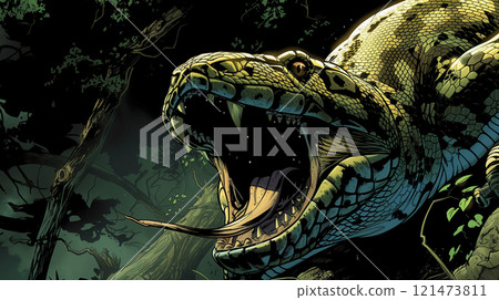 Fierce reptile illustration in a lush forest. Fierce reptile illustration in a lush forest. 121473811