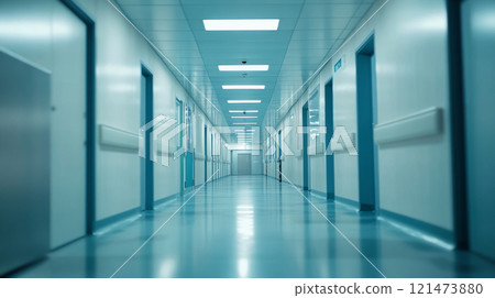 A clean hospital corridor. Deserted and quiet. A clean hospital corridor. Deserted and quiet. 121473880