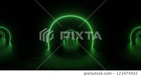 Futuristic Green Glowing Arches Reflection 360 vr panorama 121473932