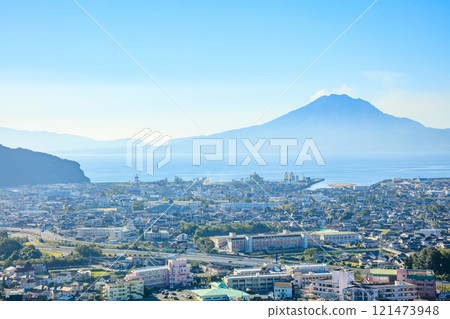 Sakurajima and the scenery seen from Takakura Observatory in autumn, Aira City, Kagoshima Prefecture 121473948