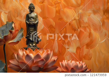 Greeting card with ancient statue great Buddha on bright holiday composition, abstract vivid composition consists of fictional unreal fantastic vision on background 121473959