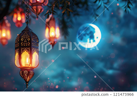Beautiful greeting card with holiday composition for happy celebrate Ramadan, abstract vivid composition consists of fictional unreal fantastic vision on background 121473966