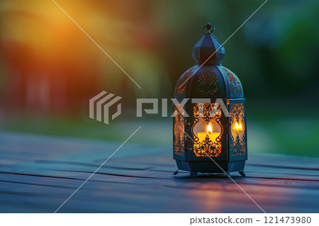 Beautiful greeting card with holiday composition for happy celebrate Ramadan, abstract vivid composition consists of fictional unreal fantastic vision on background 121473980
