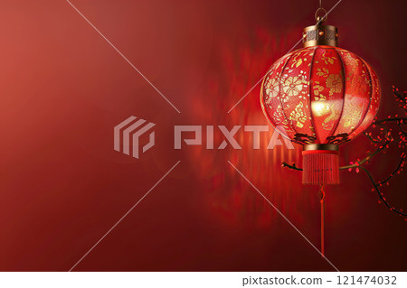 Beautiful holiday composition for happy celebrate chinese festival of lanterns, abstract vivid composition consists of fictional unreal fantastic vision on background 121474032