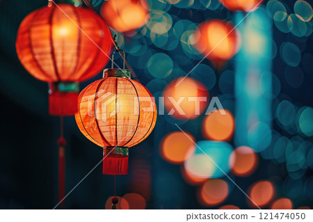 Beautiful holiday composition for happy celebrate chinese festival of lanterns, abstract vivid composition consists of fictional unreal fantastic vision on background 121474050