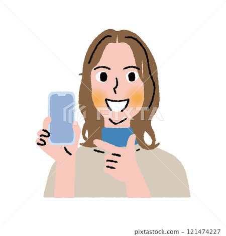 Upper body of a woman showing her smartphone 121474227