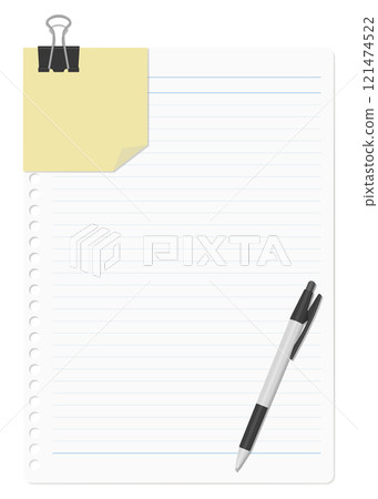 A set of lined memo paper, loose leaf paper, and ballpoint pen held together with a double clip A set of lined memo paper, loose leaf paper, and ballpoint pen held together with a double clip 121474522