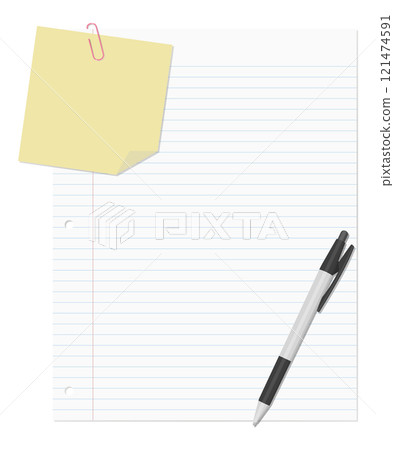 A set of lined notepads, loose-leaf paper, and a ballpoint pen, all clipped together 121474591
