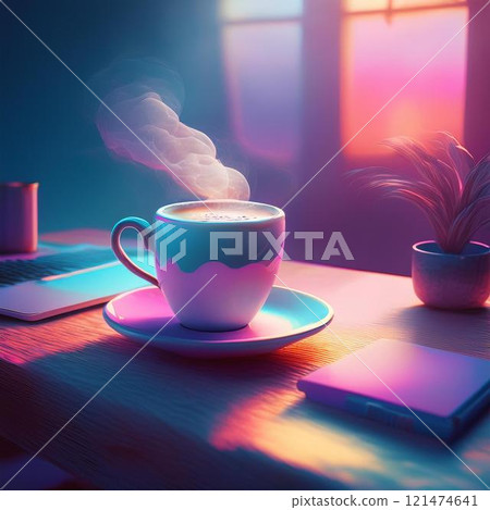 cup of coffee and laptop on wooden table 121474641