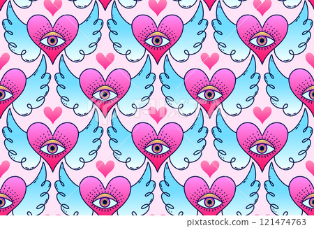 Seamless pattern with hearts with eyes  121474763