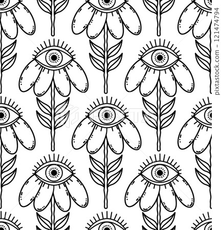 Seamless pattern with flower with an eye, psychedelic concept. Seamless pattern with flower with an eye, psychedelic concept. 121474794