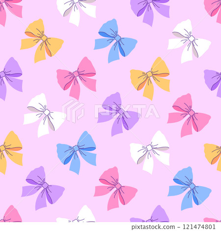Seamless pattern with pink bows on a soft pastel pink background 121474801