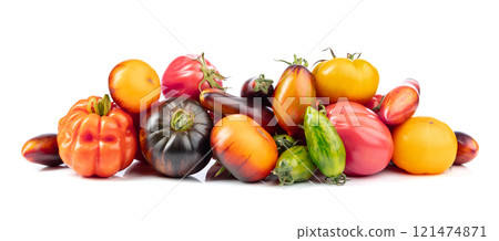 Different tomatoes isolated on white background. Different tomatoes isolated on white background. 121474871