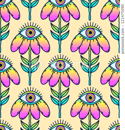 Seamless pattern with surreal gradient flower with an eye 121475090