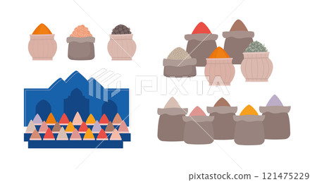 Eastern asian arabic spice market. Oriental bazaar elements vector illustration. Simple arabian shop counter. Eastern asian arabic spice market. Oriental bazaar elements vector illustration. Simple arabian shop counter. 121475229