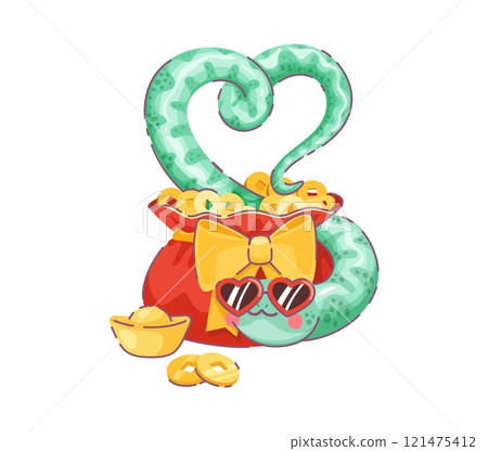 Cartoon valentines day Asian snake forms heart shape above red money sack filled with gold coins and ingots, adorned with a yellow bow. Vector playful Chinese reptile in heart sunglasses radiates fun 121475412