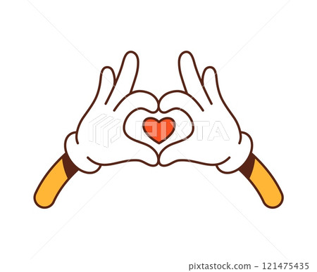 Cartoon groovy hands forming a heart shape with red heart symbol for Valentines Day or love messages. Isolated vector playful hands gesture symbolizing love, affection and passion with y2k retro vibe 121475435