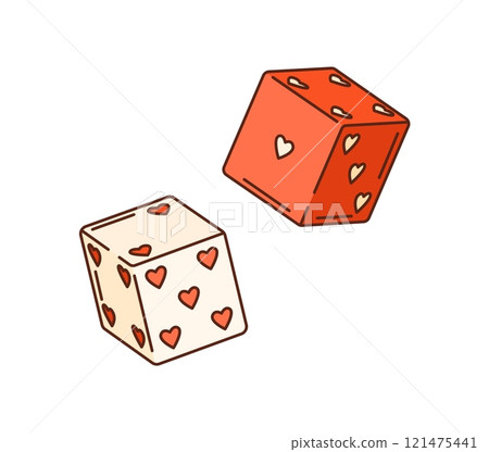Cartoon groovy Valentine dices with heart dots. Isolated vector vintage retro hippie craps. Cubes for generating random numbers in board, role playing and gambling games, marked with pips on each side Cartoon groovy Valentine dices with heart dots. Isolated vector vintage retro hippie craps. Cubes for generating random numbers in board, role playing and gambling games, marked with pips on each side 121475441