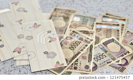 Lots of New Year's money bags and lots of bills Lots of New Year's money bags and lots of bills 121475457