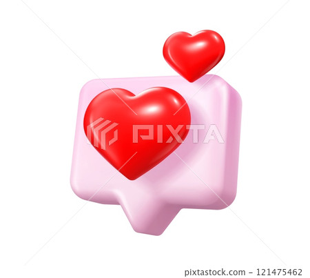 3d love heart bubble icon, social media message. Isolated speech bubble with red hearts emerging, symbolizing love, digital communication, social engagement, online connection and positive reactions 3d love heart bubble icon, social media message. Isolated speech bubble with red hearts emerging, symbolizing love, digital communication, social engagement, online connection and positive reactions 121475462