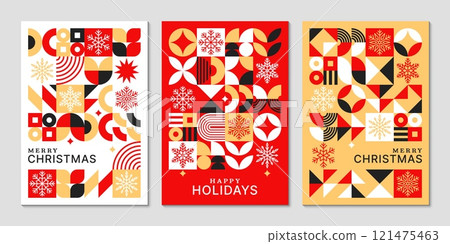 Christmas abstract geometric Bauhaus posters with snowflakes. Vector vertical cover templates with vibrant red, gold, and black colors create retro modern holiday feel, seasonal winter backgrounds 121475463