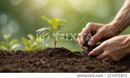 Close-up hands of gardener planting Close-up hands of gardener planting 121475853