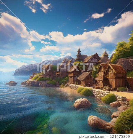 small house on the shore of the sea 121475899