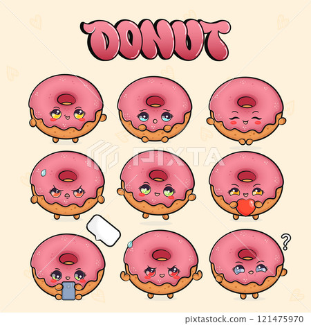 Funny cute happy pink Donut characters bundle set. Vector hand drawn doodle style cartoon character illustration icon design. Isolated on light background. Cute pink Donut mascot character collection Funny cute happy pink Donut characters bundle set. Vector hand drawn doodle style cartoon character illustration icon design. Isolated on light background. Cute pink Donut mascot character collection 121475970