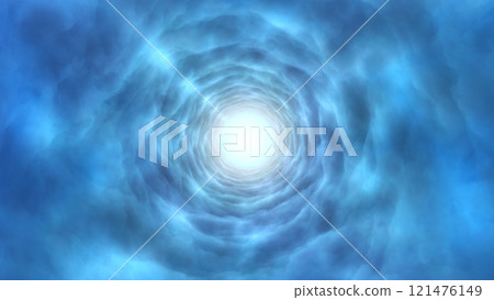 Flight throught bright blue glowing fantasy cloudy tunnel. Energy twist rotating cloudscape heaven gateway or shiny nebula portal. Turbulent magic air swirl. Flight throught bright blue glowing fantasy cloudy tunnel. Energy twist rotating cloudscape heaven gateway or shiny nebula portal. Turbulent magic air swirl. 121476149