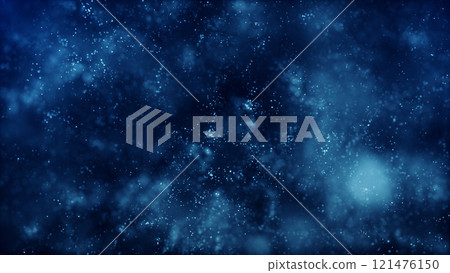 Abstract flow of blue glowing realistic bokeh particles shining like a blue sea. Molecules on surface. Air bubbles in the water depths. Futuristic glitter in space on dark background. 121476150