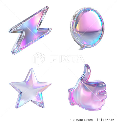 Set of 3D icons with glossy effect: speech bubble, lightning, star, thumbs-up, transparent design with gradient reflections, futuristic minimalist style, modern interfaces, graphic design, white Set of 3D icons with glossy effect: speech bubble, lightning, star, thumbs-up, transparent design with gradient reflections, futuristic minimalist style, modern interfaces, graphic design, white 121476236