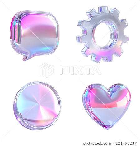 Set of stylish 3D icons with glossy effect: speech bubble, gear, heart, circle in transparent design with gradient reflections, futuristic minimalist style, modern interfaces, graphic design, white 121476237