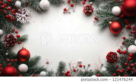 Christmas holiday background. Christmas tree arch frame with balls. Christmas decoration. For holiday headers, banners, party posters. Xmas border of sprigs with pine cones over white background 121476244